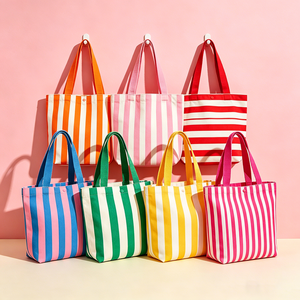 Custom Contrast Color Striped Cotton <b>Bag</b> Eco-friendly Foldable Party Beach Grocery School College Mini Handle Canvas <b>Tote</b> <b>Bag</b> - Product Image 1