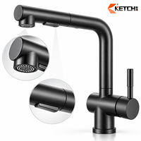 Robinet de cuisine en forme de L à arc élevé avec douchette extractible, levier unique, finition noir mat en acier inoxydable