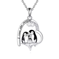 Collier pendentif cœur Famille de pingouins en argent sterling 925, bijoux animaux mignons personnalisés pour femmes, vente en gros