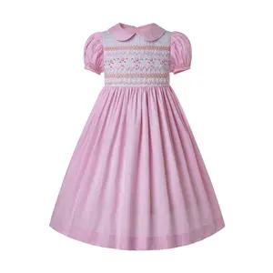 Pettigirl Pink Baby Dress Smocked With Short Sleeves Hand make Girls Dresses for Casual Occasions 1BAG=1PCS