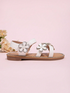 Nuevas Sandalias de Princesa para Niñas - Sandalias Planas de Playa con Pedrería de Cristal y Flores, Suela Suave - Product Image 4