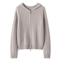 Cardigan en cachemire torsadé à capuche et fermeture éclair pour femme, coupe ample, manches longues, tricoté, collection automne-hiver, vente en gros