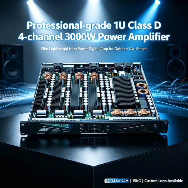 1U Rack Mount Class D 4 Channel3000W Professional Digital PowerAmplifier High Power Amp for OutdoorLive Stage Concert