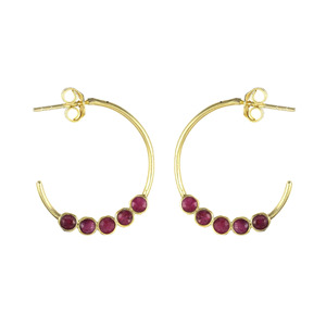 <b>Silver</b> Export House Wholesale Gold Plated Brass Ruby Hoop Earrings, Minimal Daily Wear, 24mm Round Gemstone Pair - Product Image 1
