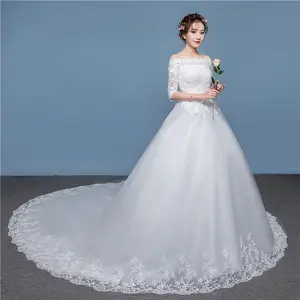Vestido de casamento para noiva, moda coréia de ombro de manga curta, emagrecimento, longo, rabo marfim