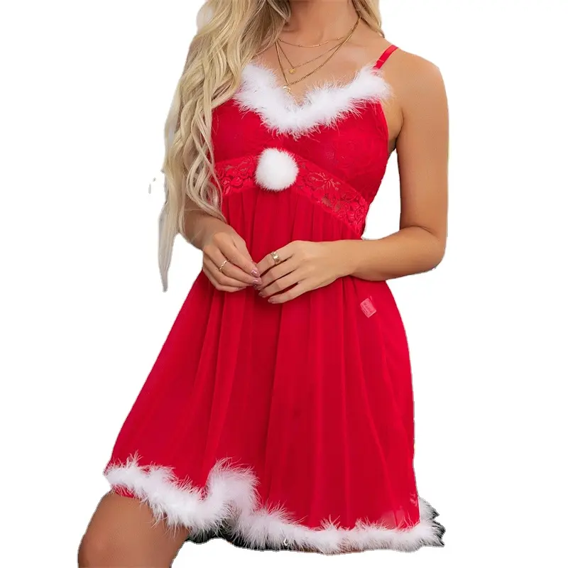 Lingerie seksi gaun natal Lingerie seksi seksi pakaian tidur transparan erotis kostum Cosplay renda merah Babydoll untuk hadiah