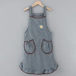 Plaid aprons 100% cotton breathable shoulder strap apron for women restaurant kitchen wok clothes custom logo