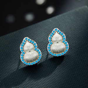 Chinese Style Gourd <b>Stud</b> <b>Earrings</b> S925 Silver <b>Blue</b> Turquoise Inlay Everyday Wear - Product Image 1