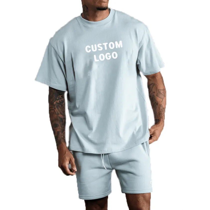 Conjunto de camisetas 100% algodão para homens, logotipo personalizado de alta qualidade, com sensação de treino em branco, jogging, camisetas e shorts
