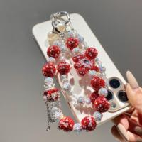 Breloque de téléphone perlée en strass à motif floral rouge, pendentif de sac artisanal lourd, cordon de poignet, cadeau bijoux pour femme