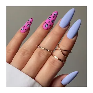Wholesales Long Almond Artificial Fake Nail Matte Finished Leopard Printing Pink Blue Low Moq Fast Shipping Durable Fake Nail