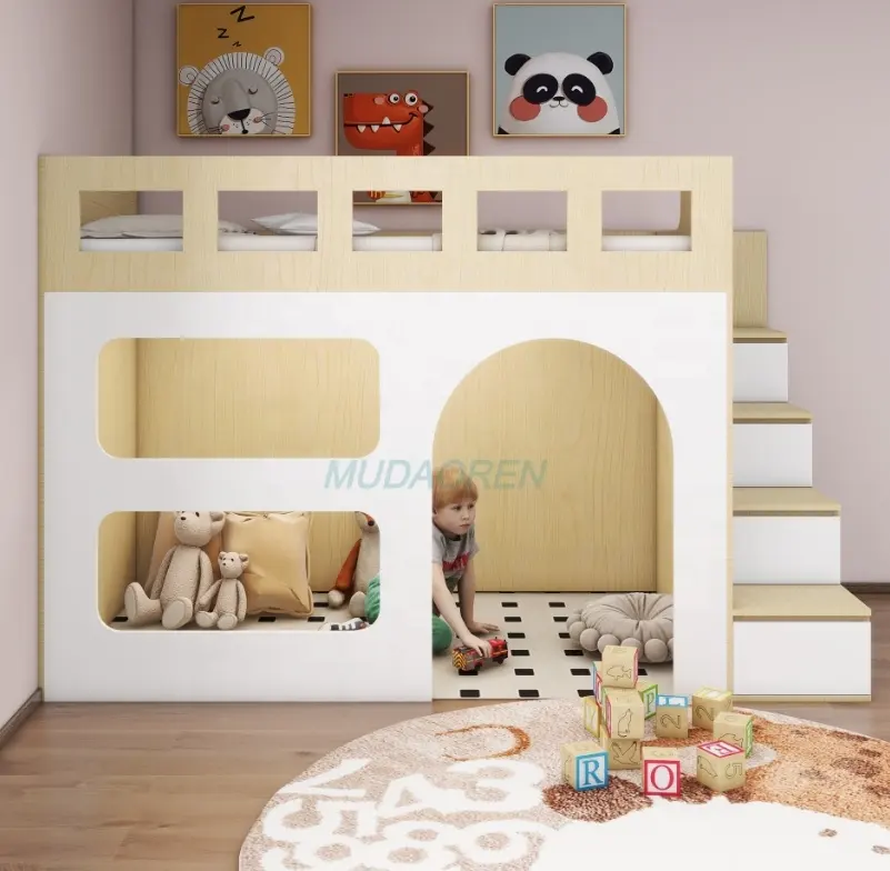 Divertimento per bambini luce mobili di lusso per bambini letto a due piani in legno camera da letto letto a castello con scale e slide sala giochi