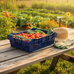 Cesta Comercial Apilable y Encajable de Plástico de Malla para Recolección de Bayas y Tomates, Diseño Plano con Asas Laterales Anchas para Manos con Guantes - Product Image 1