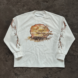 Custom T-<b>shirt</b> 100% Cotton <b>Waffle</b> Knit Oversized Long Sleeve Pullover Graphic Print Distressed Finish Streetwear Tee Men T <b>Shirt</b> - Product Image 1