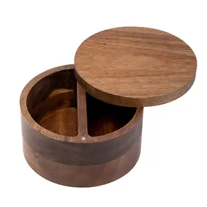 Acacia Wood Spice Storage Containers Eco-Friendly Wooden Salt Pig Pepper Cellar Custom Logo Kitchen Countertop Spice Boxes Bowls