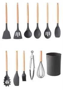 Set alat dapur gagang kayu, 12 buah dalam 1 Set peralatan dapur memasak silikon anti lengket dengan kotak pemegang