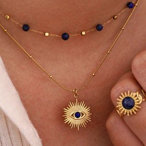 Gold Plated Lapis Lazuli Pendant Necklace Women Bohemia Style Eye Charm Beaded Layered Chain Jewelry <b>Star</b> Pattern Circle <b>Design</b> - Product Image 3