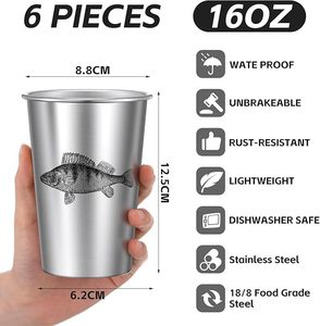 Paquete de 6 tazas de pinta de acero inoxidable para peces de agua dulce para hombres para pescar, tazas de Metal para beber de 16 oz para viajes en casa, Camping, Oficina - Product Image 5