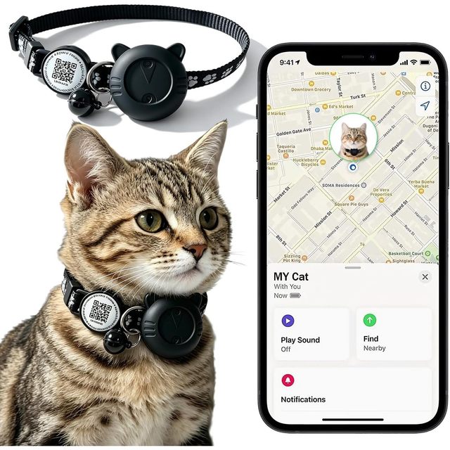 Smart GPS Cat Tracker Collar With QR Code Waterproof Pet Locator For Small To Large Cats Compatible With Apple Find My