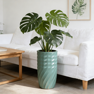 Pot de fleurs décoratif haut en céramique émaillée turquoise style américain, motif spirale, écologique, durable, avec trou de drainage, pour intérieur - Product Image 1