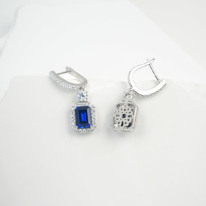 925 silver emerald cut sapphire <b>earrings</b> with double circle surround <b>earrings</b> - Product Image 4