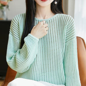 <b>Mint</b> Green Cotton Hollow Knit Sweater Women Long Sleeve Thin Layered Cover Up Spring Summer Style - Product Image 1