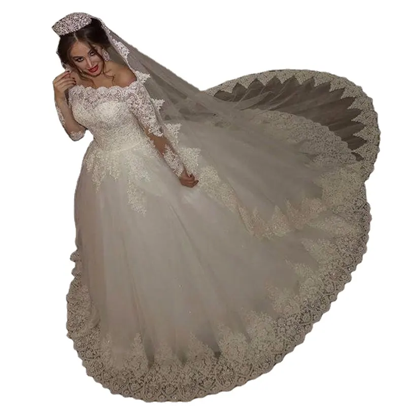 ON401 יוקרה בציר ארוך שרוול כבוי כתף אחת ערבית שמלות כלה סגנון מלכת תחרה כלה שמלות הכלה robe de mariage