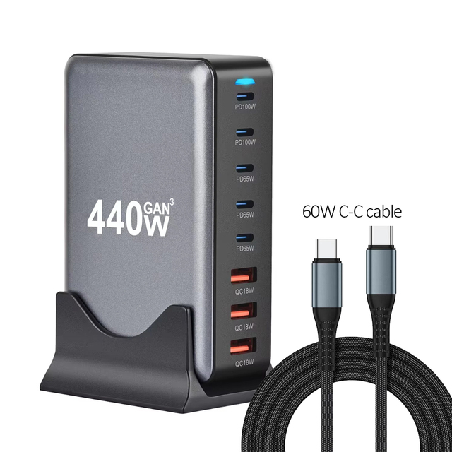 Fast Charging 440W GaN USB Type C Fast Charger Multiple Port PD QC3.0 Desktop Fast Charger Multi Port USB Charger With 60W Cable