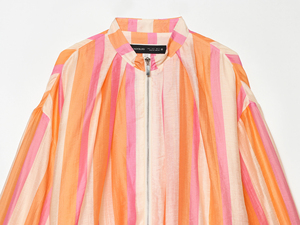 Veste décontractée surdimensionnée à manches longues à col rond et fermeture éclair à rayures de couleur orange pour femmes - Product Image 3