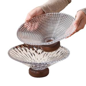 Plateau à fruits en verre géométrique élégant avec base en bois pour la décoration du salon, taille standard, nouveau style chinois - Product Image 3