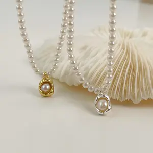 S925 Silver Freshwater Pearl And Artificial Pearl Pendant Necklace Fine Jewelry Freshwater Pearl Chain Necklace For Women