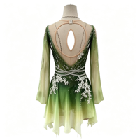 Robe de patinage artistique à col en V, manches longues en maille, dégradé vert, avec anneau de strass blanc au dos, pour compétition et performance