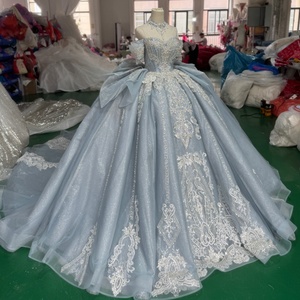 Robe de bal de Quinceañera Xss44 Mexico Garden, bleu poussière, avec appliques de dentelle, à volants, longueur ras du sol, style vintage naturel, pour soirée - Product Image 3