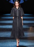2025 printemps élégant femmes Vintage français vert Maxi robe taille haute bouton à volants manches bouffantes taille naturelle Style doux