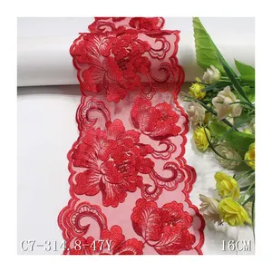 Ladies Lingerie Red Embroidery Lace Trim Fabric Big Flower Design for Womens Garment Underwear