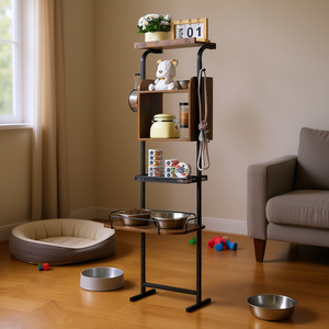 Comederos elevados para perros con almacenamiento, organizador de estación de alimentación para mascotas, para comida y juguetes, diseño moderno de madera - Product Image 2