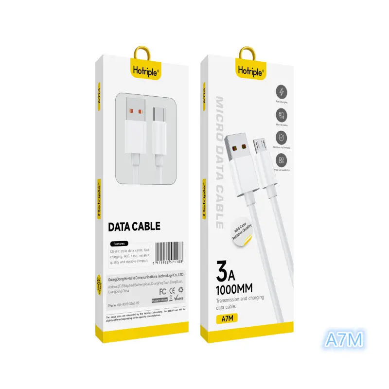 Hotriple A7M Venta caliente 3A 1M TPE ABS Micro USB Android V8 Teléfono móvil Carga rápida USB Cables DE DATOS Línea DE DATOS OEM personalizado