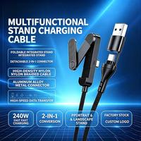 Câble USB C 3-en-1 à charge super rapide 240W, câble de charge en nylon tressé pour jeux avec support de téléphone pliable pour iPhone