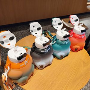 Cartoon Animal Bear Water Cup With Straw Strap And Handle For Kids Travel Green Black Red Orange - Product Image 3