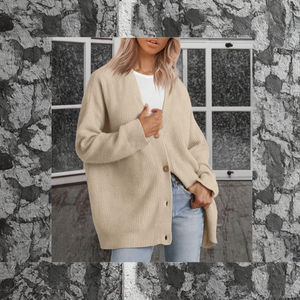 เสื้อคาร์ดิแกนไหมพรมผ้าสแปนเด็กซ์/คอตตอนสำหรับผู้หญิงสไตล์ลำลอง ดีไซน์คอวี ทรงเข้ารูป ยับยาก ระบายอากาศได้ดี พร้อมโลโก้ด้านหน้า สำหรับฤดูใบไม้ร่วง - Product Image 3