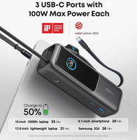 Banque d'alimentation portable pour ordinateur portable 25000 mAh 165 W avec éclairage extérieur, câbles USB-C rétractables doubles intégrés, chargeur rapide à affichage numérique
