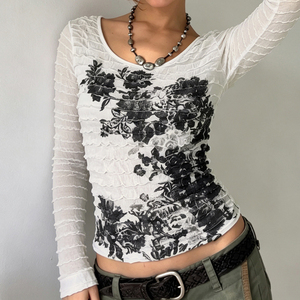 Vintage Floral Print Textured Knit <b>Top</b>, <b>Long</b> <b>Sleeve</b> Women's T Shirt, Retro Printed Casual <b>Top</b>, <b>Y2K</b> Streetwear Fashion - Product Image 5