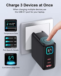 Cargador <span class=keywords><strong>USB</strong></span> <span class=keywords><strong>C</strong></span> HYTO de 65W, Bloque de Carga Rápida GaN III de 3 Puertos con Enchufe Plegable con Pantalla, Adaptador de Corriente Rápida Portátil - Product Image 4