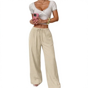Pantalon en lin taille haute pour femme, coupe ample, couleur unie, respirant, brodé, avec cordon de serrage, décontracté, pour l'été et la plage - Product Image 6