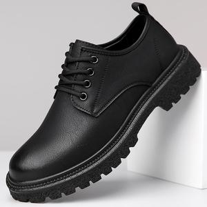 Chaussures habillées Oxford en cuir noir pour hommes, bout rond, à lacets, semelle extérieure en caoutchouc, rehaussantes, style automne bureau et carrière - Product Image 1