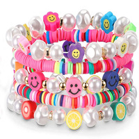 Enfant Rose Bleu Coloré Argile Fruit Souriant Visage Perlé Bracelet Doux En Céramique Élastique Bracelet Ensemble Pour Enfants