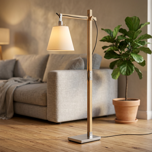 Adjustable Height Modern Wood Floor Lamp White Fabric Shade LED Warm White <b>Light</b> E26/E27 Base Indoor Hotel <b>Lounge</b> Task Lighting - Product Image 5