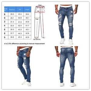 بنطلون جينز رجالي أزرق ضيق, بنطلون جينز رجالي أزرق ضيق ممزق ممزق من الجانب مخطط من قماش الدنيم - Product Image 4