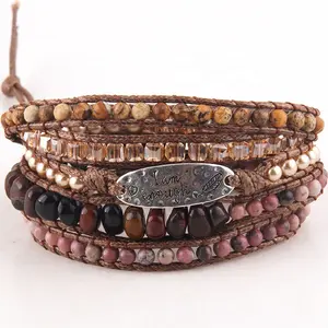 Brazalete bohemio de Metal con piedras naturales para mujer, pulsera de amazonita con 5 hebras, con frase motivadora