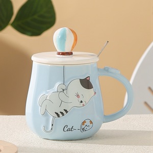 MM Tasse mit Löffel Frauen bunte Ballon Paar Kaffee Milch Tee Wasser Glas Tassen niedlich 470ml geprägte Katze Keramik Tasse Kaffeetasse - Product Image 5